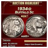 1934-d Buffalo Nickel 5c ms65+ SEGS