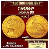 1908-p Gold Indian Half Eagle $5 ms65 USCG