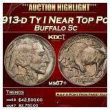1913-d Ty I Buffalo Nickel Near Top Pop 5c ms67+ S