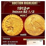 1912-p Gold Indian Quarter Eagle $2 1/2 ms65 SEGS