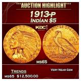 1913-p Gold Indian Half Eagle $5 ms65 USCG