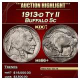 1913-d Ty II Buffalo Nickel 5c ms66+ SEGS