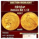 1910-p Gold Indian Quarter Eagle $2 1/2 ms65 SEGS