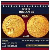 1915-s Gold Indian Half Eagle $5 ms62 USCG