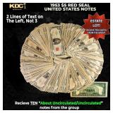 10x 1953 $5 Red Seal United States Note Grades AU/