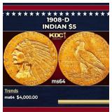 1908-d Gold Indian Half Eagle $5 ms64 USCG