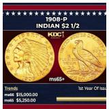 1908-p Gold Indian Quarter Eagle $2 1/2 ms65+ SEGS
