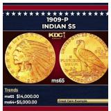 1909-p Gold Indian Half Eagle $5 ms65 USCG