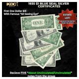 5x 1935 $1 Blue Seal Silver Certificates Grades AU