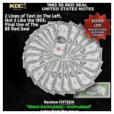 15x 1963 $5 Red Seal United States Note Grades AU/