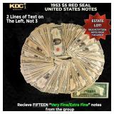 15x 1953 $5 Red Seal United States Note Grades VF/