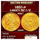 1851-p Gold Liberty Quarter Eagle $2 1/2 ms64+ SEG