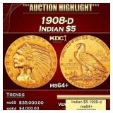 1908-d Gold Indian Half Eagle $5 ms64+ USCG