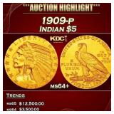1909-p Gold Indian Half Eagle $5 ms64+ USCG