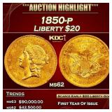 1850-p Gold Liberty Double Eagle $20 ms62 USCG
