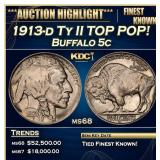 1913-d Ty II Buffalo Nickel TOP POP! 5c ms68 SEGS