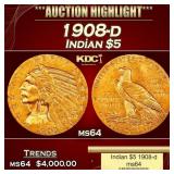 1908-d Gold Indian Half Eagle $5 ms64 USCG