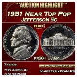 1951 Proof Jefferson Nickel Near Top Pop 5c pr68+