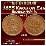 1855 Knob on Ear Braided Hair Large Cent 1c ms63 U