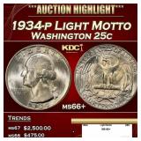 1934-p Washington Quarter Light Motto 25c ms66+ SE