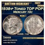 1938-p Mercury Dime Toned TOP POP! 10c ms68+ fsb S