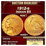 1912-s Gold Indian Half Eagle $5 ms62+ USCG