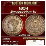 1854 Braided Hair Large Cent 1c ms65+ bn SEGS