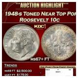 1948-s Roosevelt Dime Toned Near Top Pop 10c ms67+