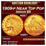 1909-p Gold Indian Half Eagle Near Top Pop $5 ms65