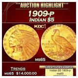 1909-p Gold Indian Half Eagle $5 ms65 USCG