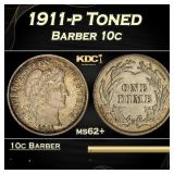 1911-p Barber Dime Toned 10c Grades ms62+