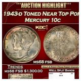 1943-d Mercury Dime Toned Near Top Pop 10c ms68 fs