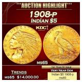 1908-p Gold Indian Half Eagle $5 ms64+ USCG