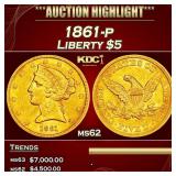1861-p Gold Liberty Half Eagle $5 ms62 USCG