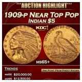 1909-p Gold Indian Half Eagle Near Top Pop $5 ms65