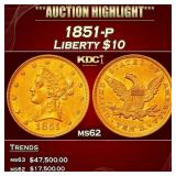 1851-p Gold Liberty Eagle $10 ms62 USCG