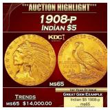 1908-p Gold Indian Half Eagle $5 ms65 USCG