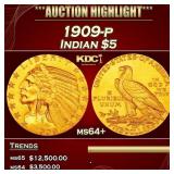 1909-p Gold Indian Half Eagle $5 ms64+ SEGS