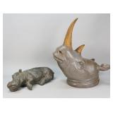 Rhinoceros Bust and Resting Hippopotamus Sculpture