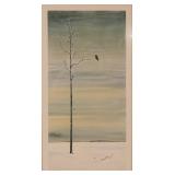 Signed Lithograph Bird in Winter Landscape