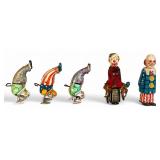 5 Wind-Up Tin Litho Clown Toys Chein, Distler