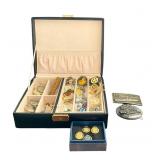 Leather Box of Pins & Vintage Belt Buckles