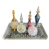 5 Vintage Perfume Bottles on Waterford Tray