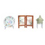 3 Pieces Chinese Porcelain Censer, Plate, Screen 3 Pieces Chinese Porcelain Censer, Plate, Screen