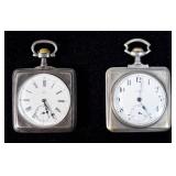 2 Silver Pocket Watches Omega & Klythia Square