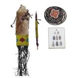 Indigenous Medicine Bag, Arrowheads, & Woven Bowls