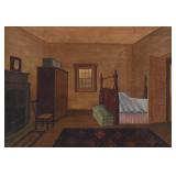 American School Oil on Canvas Bedroom Interior