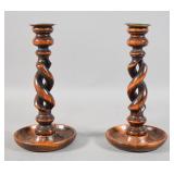 Pair of Carved Wood Open Barley Twist Candlesticks