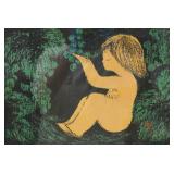 Kaoru Kawano Woodblock Child in Garden