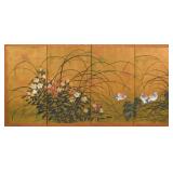 Japanese Four Panel Folding Screen w/ Quail &